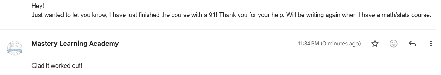 Email testimonial about tutoring